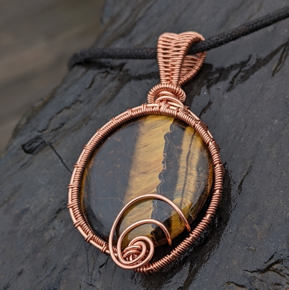 Jewelry - Handmade Tigers Eye Pendant Necklace Wrapped In Copper Wire